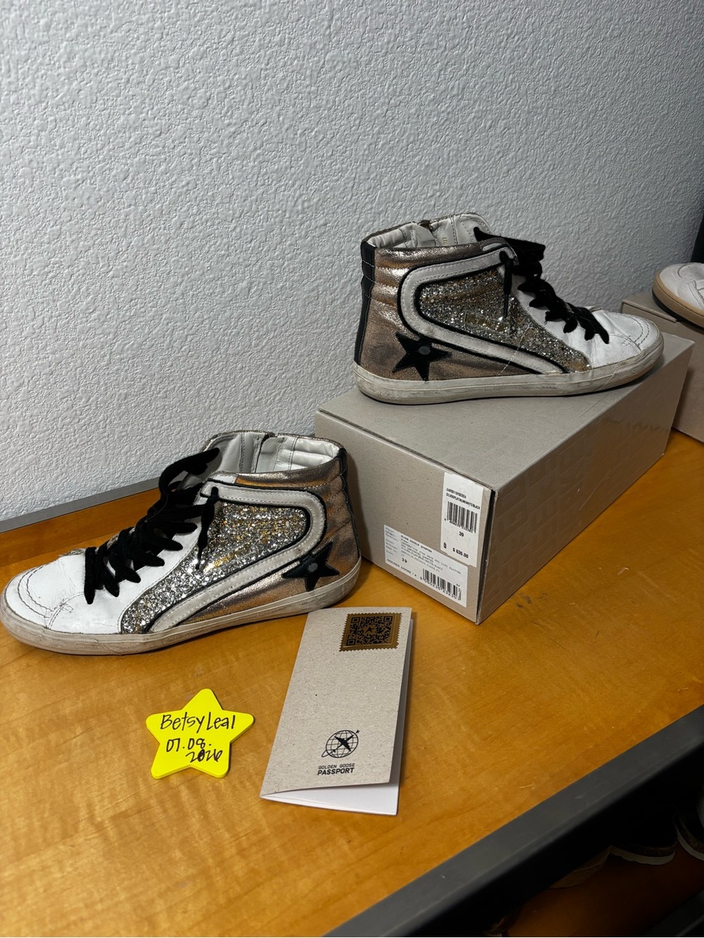 Golden Goose Metallic Silver Glitter High-Top Sneakers with Black Star